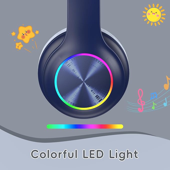 Candy Bila Kids Bluetooth 6.0 Headphones with LED Light, 85Hours Playtimes, Type-C Fast Charging, 85/94dB Volume Limited, Comfort Wireless Headphones with Built-in Mic, Wired & TF Card Mode, Navy Blue