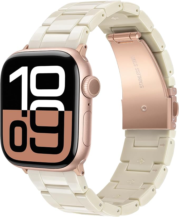 V-MORO Resin Bands Compatible with Apple Watch Series 11/10/9/8/7 45/46mm Rose Gold Buckle Lightweight Jewelry Fashion Strap Bracelet for iwatch Series SE/6/5/4/3/2/1(Buttercream,42/44/45/46/49mm)