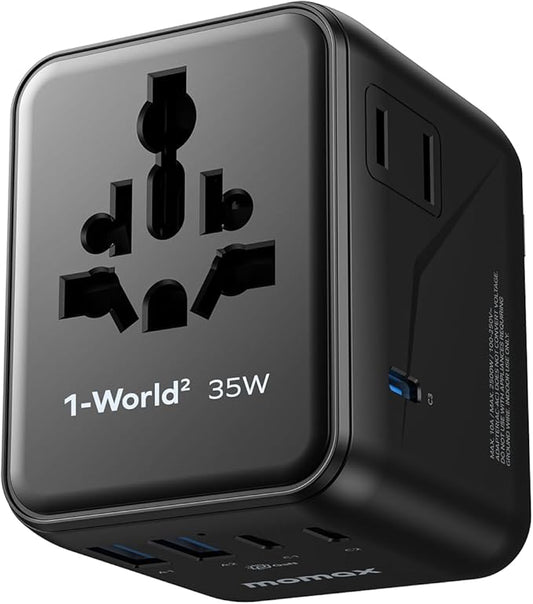 MOMAX Universal Travel Adapter 7-in-1, All-in-one European Travel Plug Adapter with 3 USB-C PD & 2 USB-A QC & 2AC, International Power Adapter Outlet for Travel UK/EU/AUS/JP, Travel Essentials(Black)
