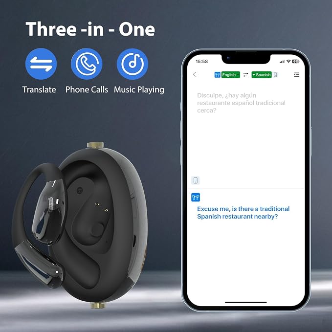 AI Language Translator Earbuds, Translation Earbuds Real Time, 3-in-1 Earbud Translator 144 Languages & Accents, Translation Headphones Fit iOS & Android for Travel Business Learning (A60 Black)
