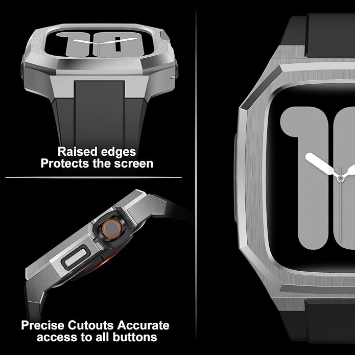 Luxury Metal Case with Band Compatible for Apple Watch 44mm 45mm 46mm 49mm,Men Rugged Protective Bumper Cover with Soft Silicone Strap for iWatch Series 11/10/9/8/7/6/SE3/SE2/SE/5/4 and Ultra 3/2/1 49mm