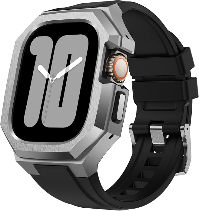 Luxury Metal Case with Band Compatible for Apple Watch 44mm 45mm 46mm 49mm,Men Rugged Protective Bumper Cover with Soft Silicone Strap for iWatch Series 11/10/9/8/7/6/SE3/SE2/SE/5/4 and Ultra 3/2/1 49mm