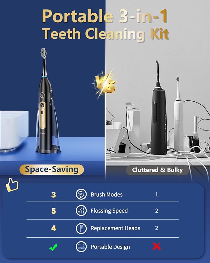 Electric Toothbrush with Water Flosser Combo, Professional Oral Care with 3 Brush Modes & 5 Water Pressure, Rechargeable Flossing Toothbrush for Adults Teeth Cleaning, Cordless for Home&Travel, Black