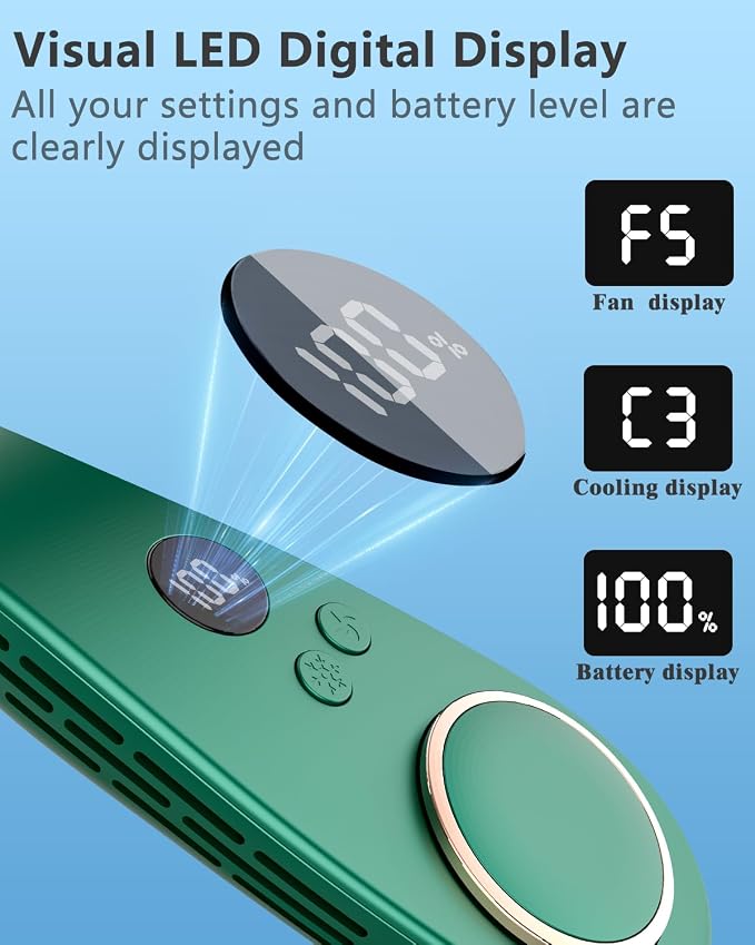 Neck Coolers with Cold Cooling Plates, LED Display & 5 Fan Speeds, Quiet Rechargeable AC Neck Cooler, Hands-Free Hanging Battery Powered Necklace Fans for Women Men Kids Indoor Outdoor, Dark Green