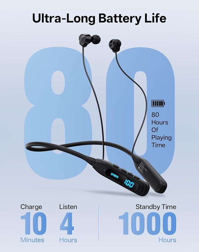 JL&MI Neckband Bluetooth Headphones, Wireless Sport Earphones with 80-Hour Battery and LED Display, Bluetooth 5.4 Magnetic Earbuds, Comfort Fit for Running, Gym, Travel,(Gray)