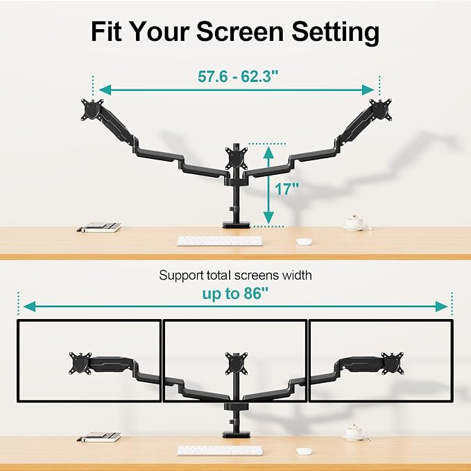 MOUNT PRO Triple Monitor Mount, 3 Monitor Desk Mount for Three Screens up to 32 Inch, Full Motion Gas Spring Heavy Duty Arm Hold up to 19.8lbs Each, Black