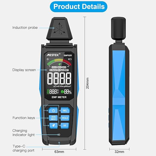 AceFox EMF Detector for Detecting EF RF MF, Digital LCD Display, Measures uT mG/V/m pW/cm², 3-in-1 Rechargeable EMF Meter for Home Office EMF Inspections, and Ghost Hunting