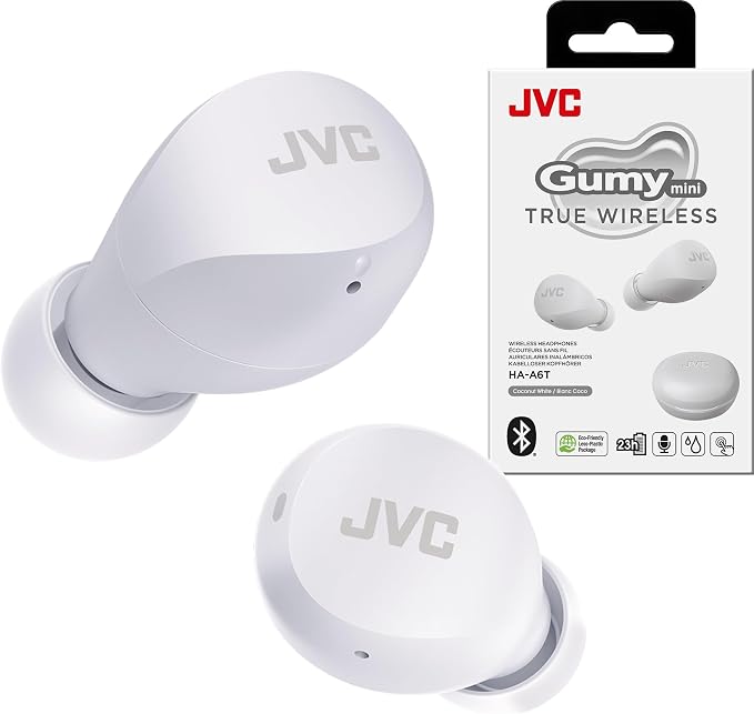 JVC Compact and Lightweight Gumy Mini True Wireless Earbuds Headphones, Long Battery Life (up to 23 Hours), Sound with Neodymium Magnet Driver, Water Resistance (IPX4) - HAA6TW (White)