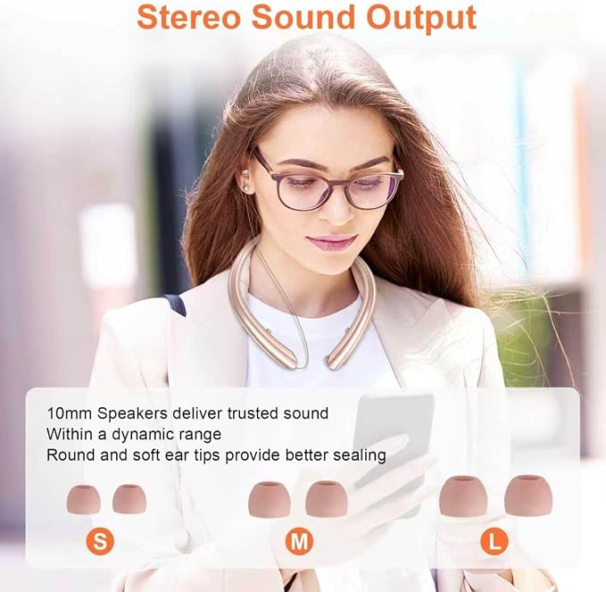 Bluetooth 5.0 Neckband Bluetooth Headphone, Sweat Resistant Noise Cancelling Stereo Headphones, and Retractable Ear Tips for Music, Conference, Videos (Rose Gold)