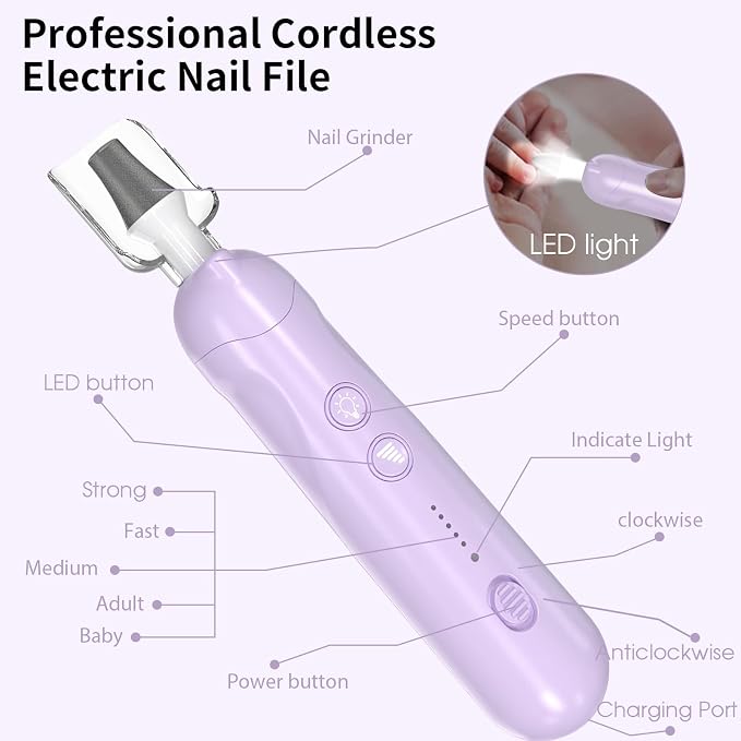 Cordless Electric Nail File Set, Rechargeable Pedicure Tools for feet, Professional Manicure Pedicure Kit 5 Speeds Hand Foot Care Nail Drill for Thick Nail Toenail Cuticle Women Men Pets, Oil-Purple