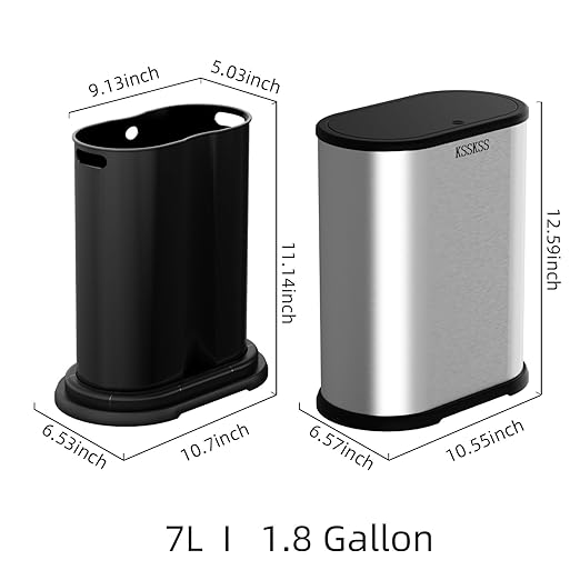 KSSKSS 1.8 Gallons Small Stainless Steel Trash Can with Press Type Lid, Slim Bathroom Garbage Bin, Removable Liner Bucket, Dog Proof Narrow Wastebasket with Pop-Up Lid for Bedroom,Toilet (Silver)