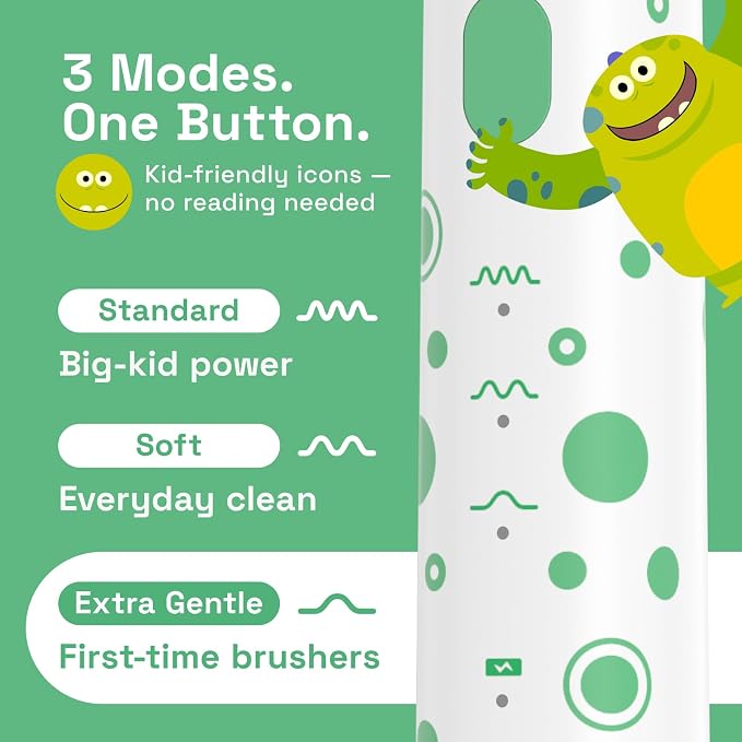 Brushmo x Super Simple Songs Kids Sonic Electric Toothbrush for Ages 3+, Featuring Hugo, 3 Gentle Modes, 2 Brush Heads, Travel Case, Rechargeable with Wall Adapter (BM03)