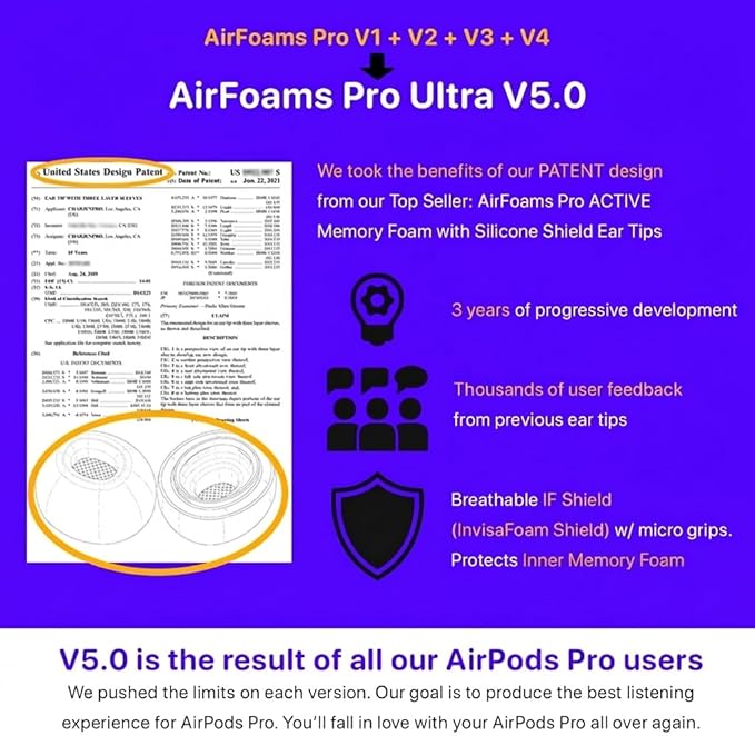 AirFoams Pro Ultra V5.0 Memory Foam Lifetime Replacement Ear Tips for AirPods Pro 1 & 2 — Black Color, Anti Slip, Better All Day Comfort, Don't Fall Out, Noise Cancelling, Better Sound (3 Pairs-S/M/L)