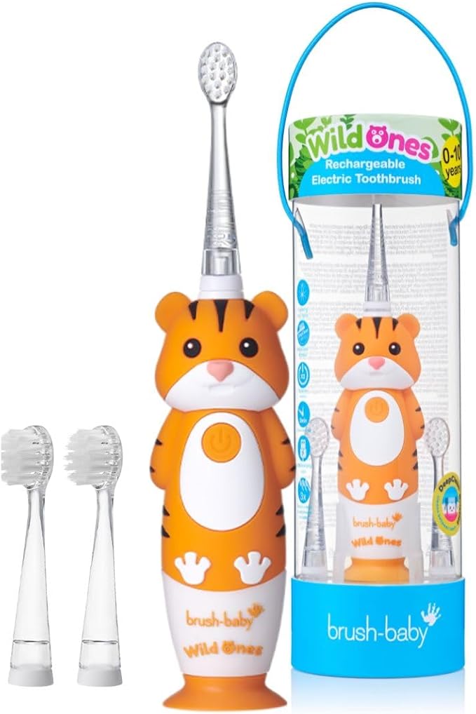 BrushBaby - WildOnes - Kids Rechargeable Electric Toothbrush, Ages 0-10 - Tiger Design with Flashing Lights - DeepClean Bristles for Superior Cleaning - 2 Replacement Brush Heads, 1 USB Cable