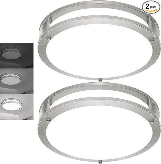 2Pack 10inch LED Ceiling Light Fixtures, 24W 2400LM Flush Mount Light Fixture, Brushed Nickel Dimmable Light Fixture 5000K, Ceiling Lamp for Hallway Bathroom Kitchen
