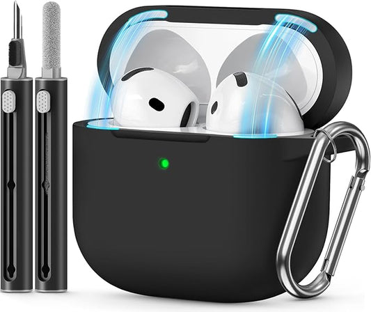 for AirPods 4 Case 2024 Come with Cleaner Kit,Soft Silicone Protective Cover for Apple AirPods 4th Generation Cases with Keychain,Compatible with AirPod 4 Case for Women Men-Magnetic Black