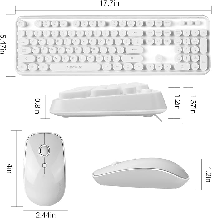 Wireless Keyboard and Mouse | Cute Colorful Keyboard and Mouse with 2.4GHz Cordless Retro Typewriter Keyboard | Auto-Sleep | USB Receiver for Windows PC/Laptop - White