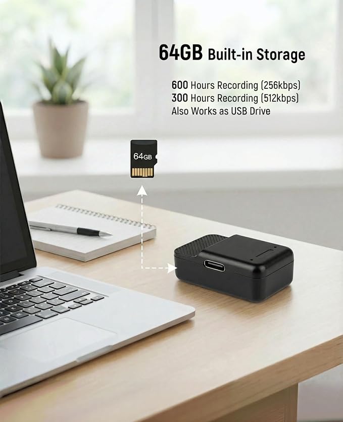 64GB Thumb-Sized Voice Recorder - Mini & Hidden Recording Device, 600mAh Battery (30 Days Standby), Voice Activated Recorder with Noise Reduction for Meetings, Lectures, Interviews