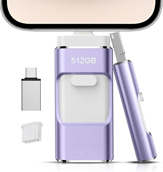 512GB Flash Drive[No App Required] Intended for Phone Tablet Androidphone and Computers, 4 in 1 Photo Stick for Phone Memory Storage Easily Backup Photos Videos（Light Purple）