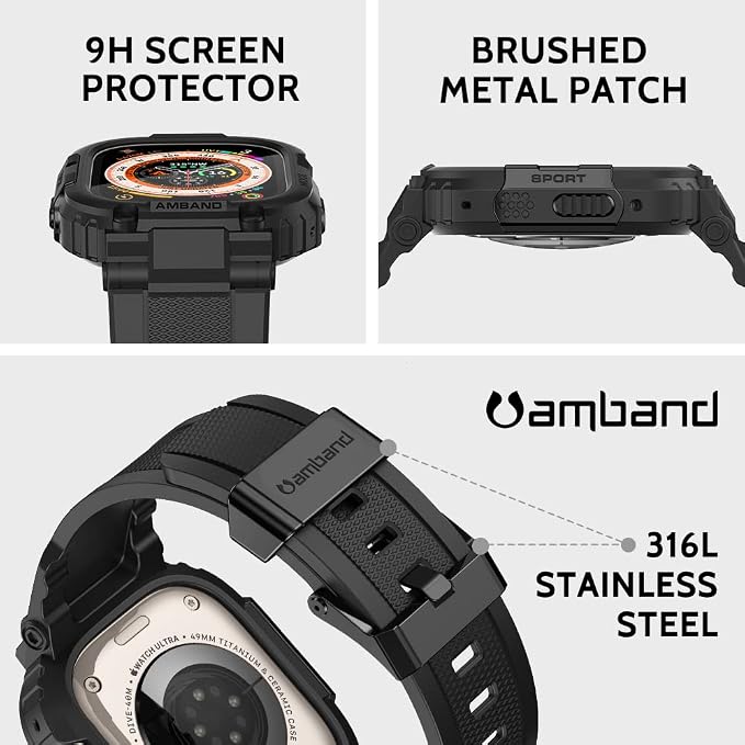 amBand Bands Case Screen Protector Compatible with Apple Watch Ultra 3/2/1 49mm for Men, M1 Sport Series Rugged Cover Strap and 9H Tempered Glass, Military Protective Bumper for iWatch 49 mm Men Black