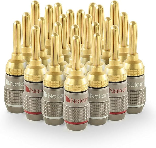 Nakamichi FanLock Excel Series 24k Gold Plated Banana Plugs 10 AWG - 18 AWG Gauge Size 4mm for Speakers Amplifier Hi-Fi Stereo Home Theatre Radio Audio Wire Cable Quick Connector, 24 Pcs (12-Pairs)