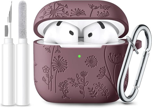 Lerobo for Airpods 4 Case Cover 2024, Cute Flower Engraved Silicone Protective Case Cover with Cleaner Kit Compatible with Airpod 4 Case 2024, Smokey Mauve