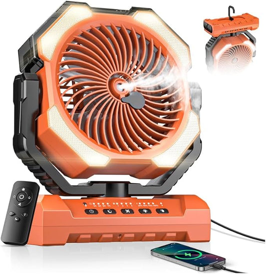 Misting Fan, Portable Camping Fans with 9oz Water Tank, 24000mAh Rechargeable Fan with 4 Speed, Battery Powered Fans with 120H Cooling, Last 5H Mist, 2 Mist Modes, Light, Outsides/Summer Essential