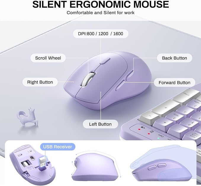 Wireless Keyboard and Mouse Combo,2.4G Full Size Wave Keys Ergonomic Keyboard with Wrist Rest for Natural Typing, 3 DPI Adjustable Ergonomic Mouse for Computer/Laptop/Windows/Mac (Purple & White-A)
