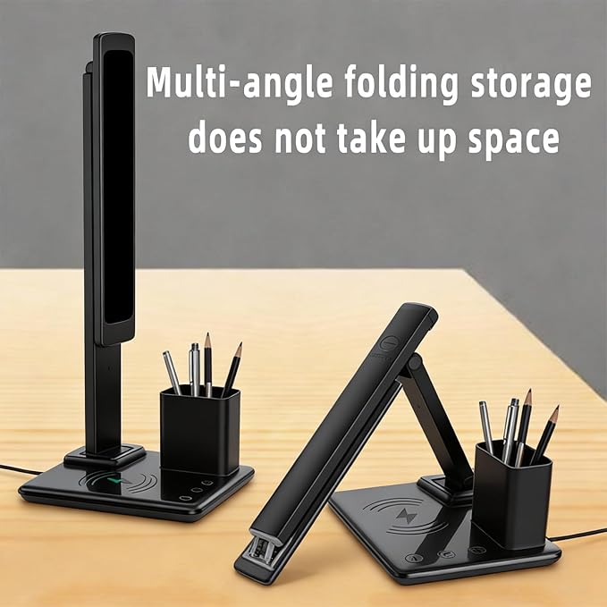 Multi-Function Desk Lamp with Display&15W Wireless Charger,3 Color Temperatures,Touch Control,Foldable Design,Built-in Clock,Calendar,Thermometer,Alarm,HYT1771 Black.