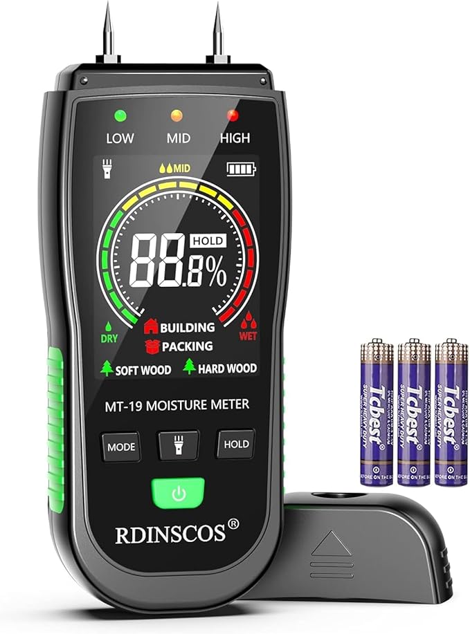 RDINSCOS Digital Moisture Meter Pin-Type Wood Moisture Detector | For Firewood, Lumber, Woodworking, Auto Alarm,Replaceable Pins, Built-in Flashlight, Home Inspection & Water Damage