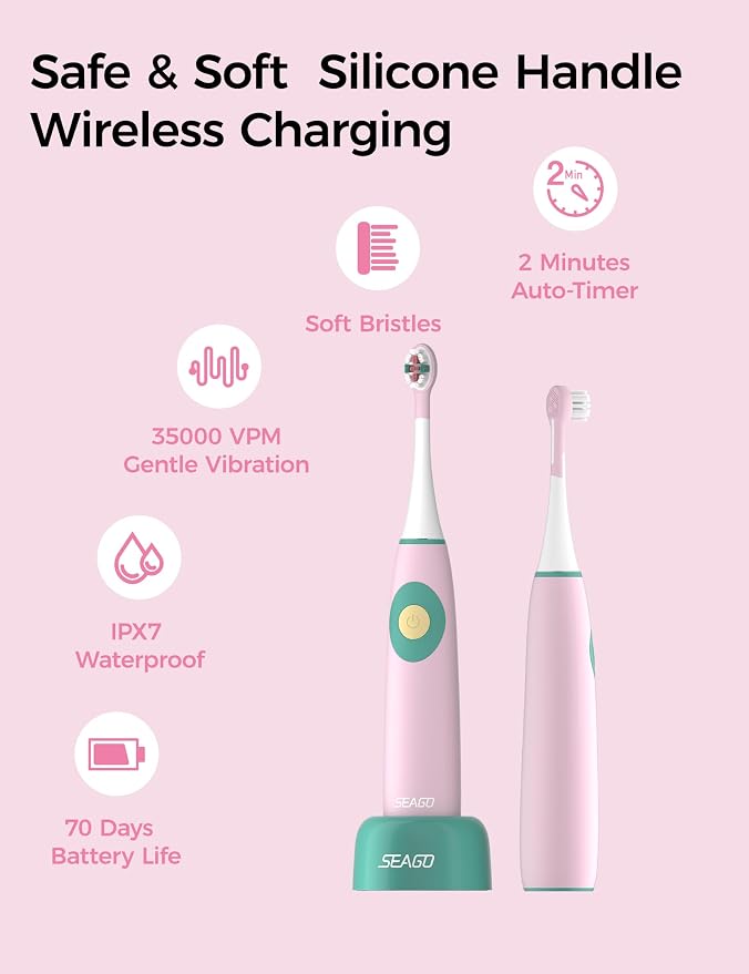 SEAGO Kids Electric Toothbrushes for Ages 5-8 with 2 Sizes Soft Brush Heads, Soft Silicone Handle, 2-Min Timer, IPX7 Waterproof, 35000VPM, Rechargeable 70 Day Battery Life with Charging Base (Pink)