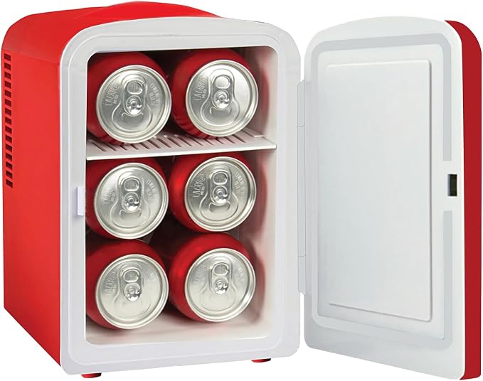 ELLE Multi Purpose 4L Mini Fridge Cooler and Warmer with Cool and Warm Function Removable Shelf Carrying Handle AC DC Power Options for Car Office Bedroom 6 Can Capacity Red
