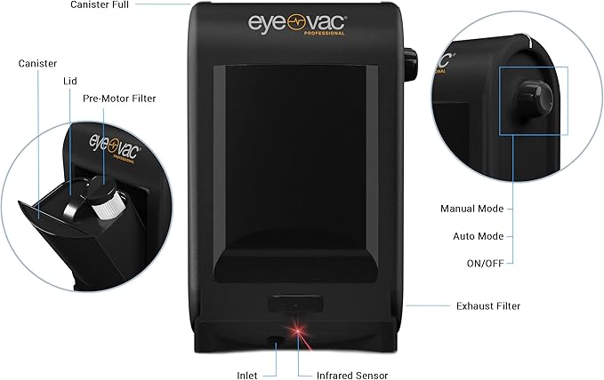 EyeVac Pro & Squeegee Broom Bundle - Touchless Vacuum Automatic Dustpan - Squeegee Multisurface Sweeping - Great for Salon Pet Hair Dirt, Corded Canister Vacuum, Bagless, 1400 Watt (Black w/Broom)