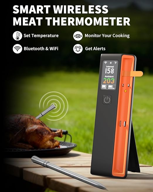 Wireless Bluetooth Smart Meat Thermometer - WiFi Unlimited Range, 1 Ultra-Thin Probe, 6 Sensors with NIST Certified Accuracy, for BBQ, Grill, Oven, Smoker, Rotisserie - iOS & Android App