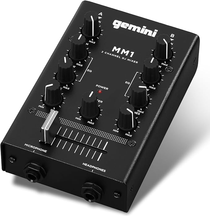 Gemini Portable 2-Channel DJ Mixer with Crossfader & EQ (MM1) | Portable 2-channel DJ mixer - full-size crossfader, 2-band EQ, gain - all-metal body - RCA & mic in