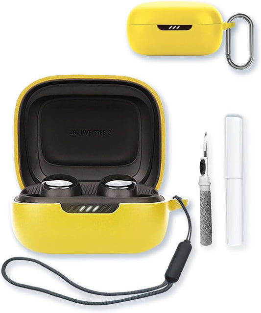 Case for JBL Live Pro 2 - True Wireless Noise Cancelling Earbuds,Soft Protective,Shockproof, BOVUGAC Silicone Case Cover with Keychain & Cleaning Kit & Lanyard-Yellow