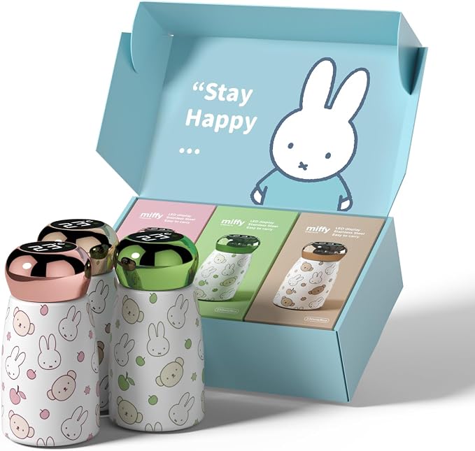 Mipow x miffy Smart Temperature Display Water Bottle, 316 Stainless Steel Travel Mug, 230ML Matte Printed Leakproof Portable Mini Thermos Cup for Daily Outdoor Travel, Set of 3