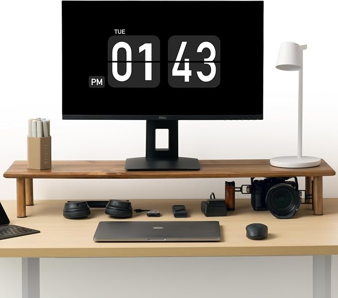 Dual Monitor Stand Riser Acacia Wood, Wooden Desk Monitor Riser for 2 Monitors Supports for Monitor, Printer, Heavy TV Riser up to 130 lbs