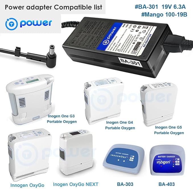 T POWER 120w Charger for Inogen One G1 G2 G3 G4 G5 Oxygen Concentrator Catalog# BA-107 BA-106 BA-301 BA-302 BA-303 19V 6.3A Ac Dc Adapter Power Supply Cord Mango 100-19B