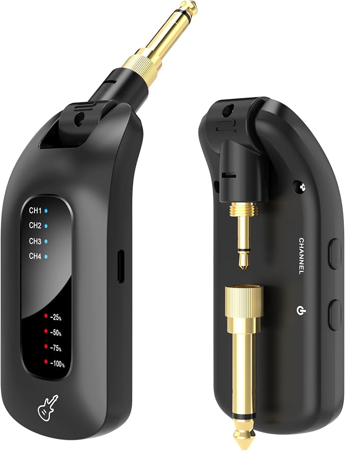 5.8GHz Wireless Guitar Audio System - Rechargeable Transmitter and Receiver with 4 Channels, Low Latency and Over 164ft Long Range Transmission, Compatible Guitar Bass Electric Instruments