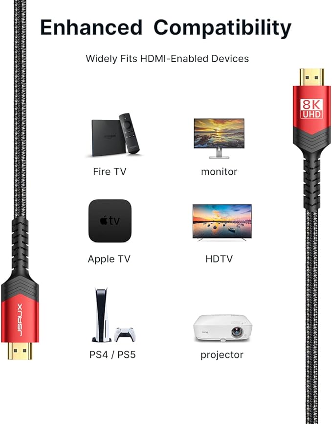 JSAUX 8K HDMI Cable 2.1 2 Pack 3ft, 48Gbps Ultra High Speed HDMI Cable Braided Cord (4K@144Hz, 4K@120Hz, 8K@60Hz) HDCP 2.2&2.3 HDR 10 eARC ARC, Compatible with Switch 2/PS5/Laptop/Monitor/HDTV/-Red