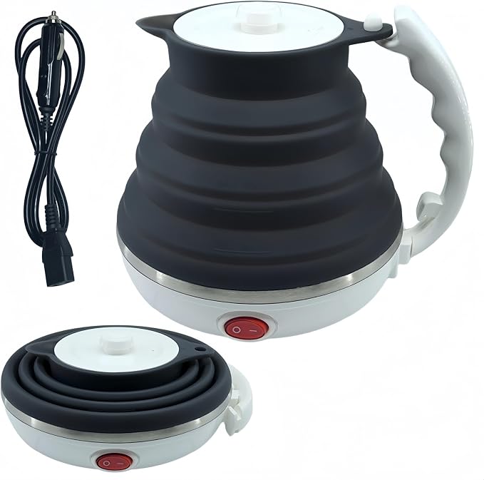 24V Portable Kettle, Collapsible Truck Kettle with Cigarette Lighter Plug, Foldable Hot Water Boiler for Truck, Food Grade Silicone, Fast Boiling, Auto Shut Off and Keep Warm,450ml (24V Black)