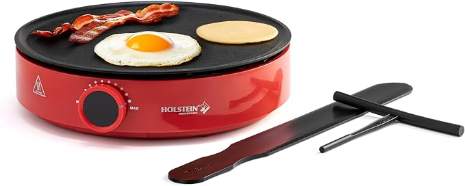 Holstein Housewares 12” Crepe Maker - Adjustable Temperature Control - Nonstick Griddle for Versatile Cooking of Crepes, Quesadillas, Pancakes, Eggs, Bacon & More - Easy to Clean - Indicator Lights