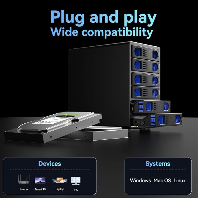 CENMATE Aluminum 6 Bay 10Gbps Hard Drive Enclosure with Cooling Fan for 2.5“/3.5" SATA HDD/SSD with USB A/C 3.2 Gen 2, Support Hot Swappable, Tool-Free HDD Enclosure, DAS(NO RAID/NAS)