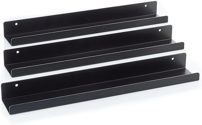 Vinyl Record Shelf - 3 Metal Display Shelves - Wall Mount Now-Playing Vinyl Shelves - an Album Record Holder that Doubles as a Picture Ledge - Fits All Records (Black)