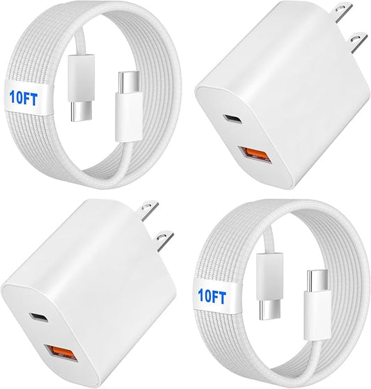 Dual Port USB A/C Charger for iPhone 17 16 Pro 10FT Woven USB C Fast Cable,2Pack Type C Charger Block USB C Nylon Braided Cable Cord for iPhone 17/17 ProMax/17 Air,16/16 ProMax/16e,15 Pro Max/15 Plus