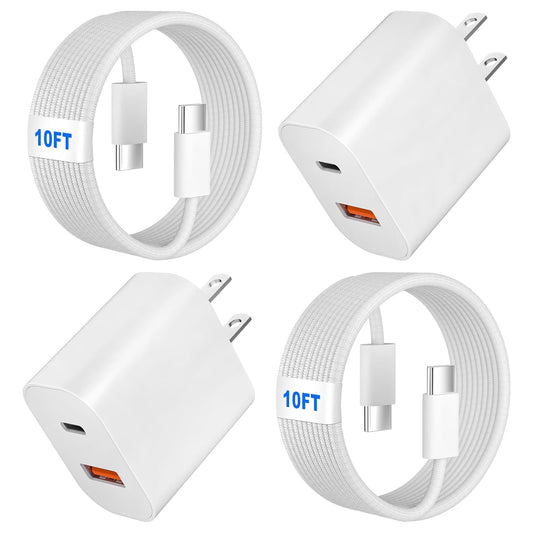 Dual Port USB A/C Charger for iPhone 16 Pro 10FT Woven USB C Fast Cable,2Pack Double Type A/C Charger Block Type C Nylon Braided Cable Cord for iPhone 16 Pro Max/16 Pro/16e,15 ProMax/15 Plus,iPad Pro