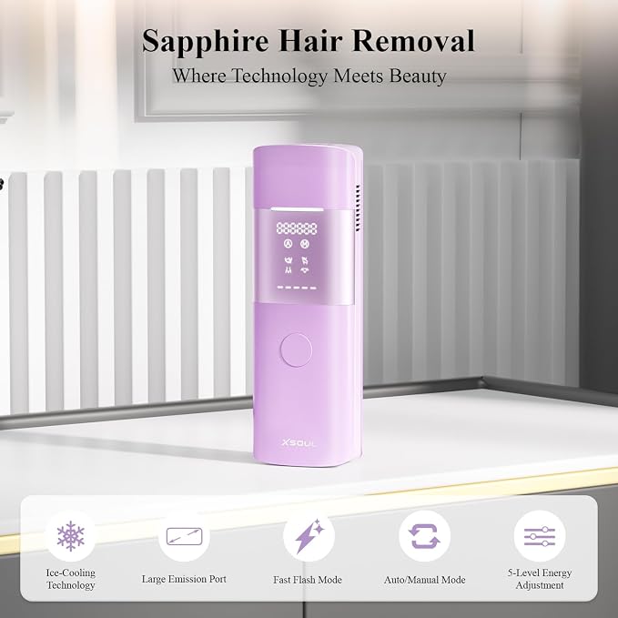Xsoul IPL Laser Hair Removal with Cooling, Painless Hair Removal Device for Women & Men, At-Home Permanent Hair Removal, Ideal for Armpits, Legs, Face & Bikini, Purple