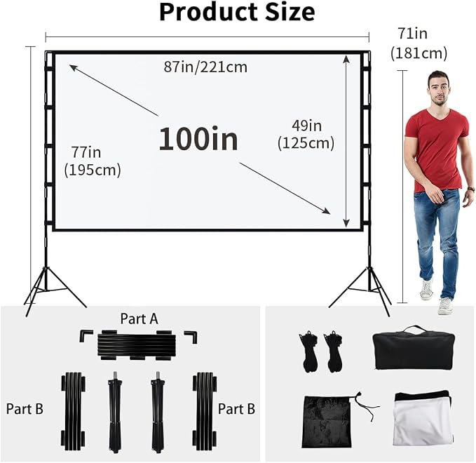 TOWOND Projector Screen with Stand, 100 inch Outdoor Projector Screen Portable Indoor Projection Screen 16:9 4K Rear Front Movie Screen with Carry Bag for Home Backyard Theater 100 inch