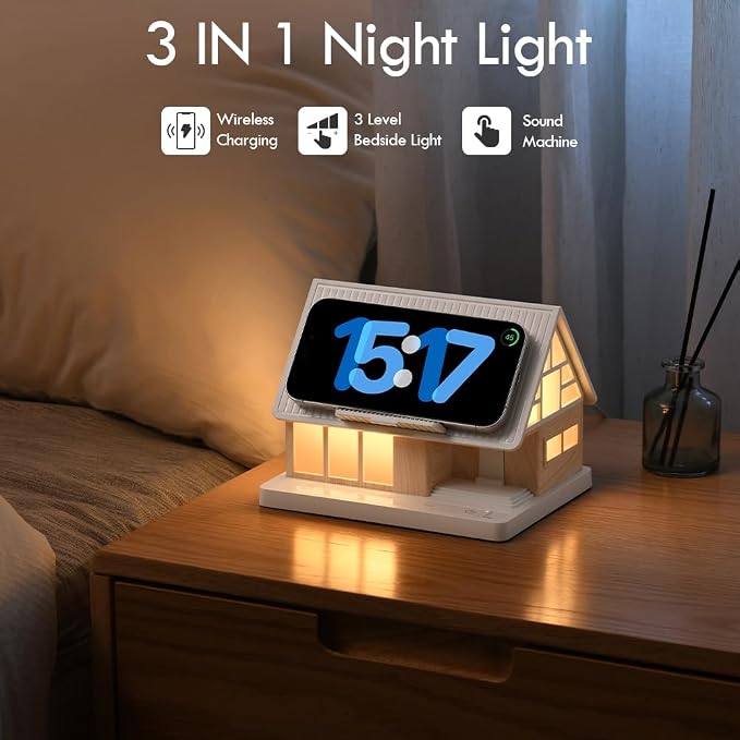 Night Light,House-Shaped Nightstand Light with 15W Wireless Charger and White Noise Machine,Touch Control 3-Level Dimmable Lamp with Timer, Sleep Aid Bedside Light for Bedroom Décor & Gift